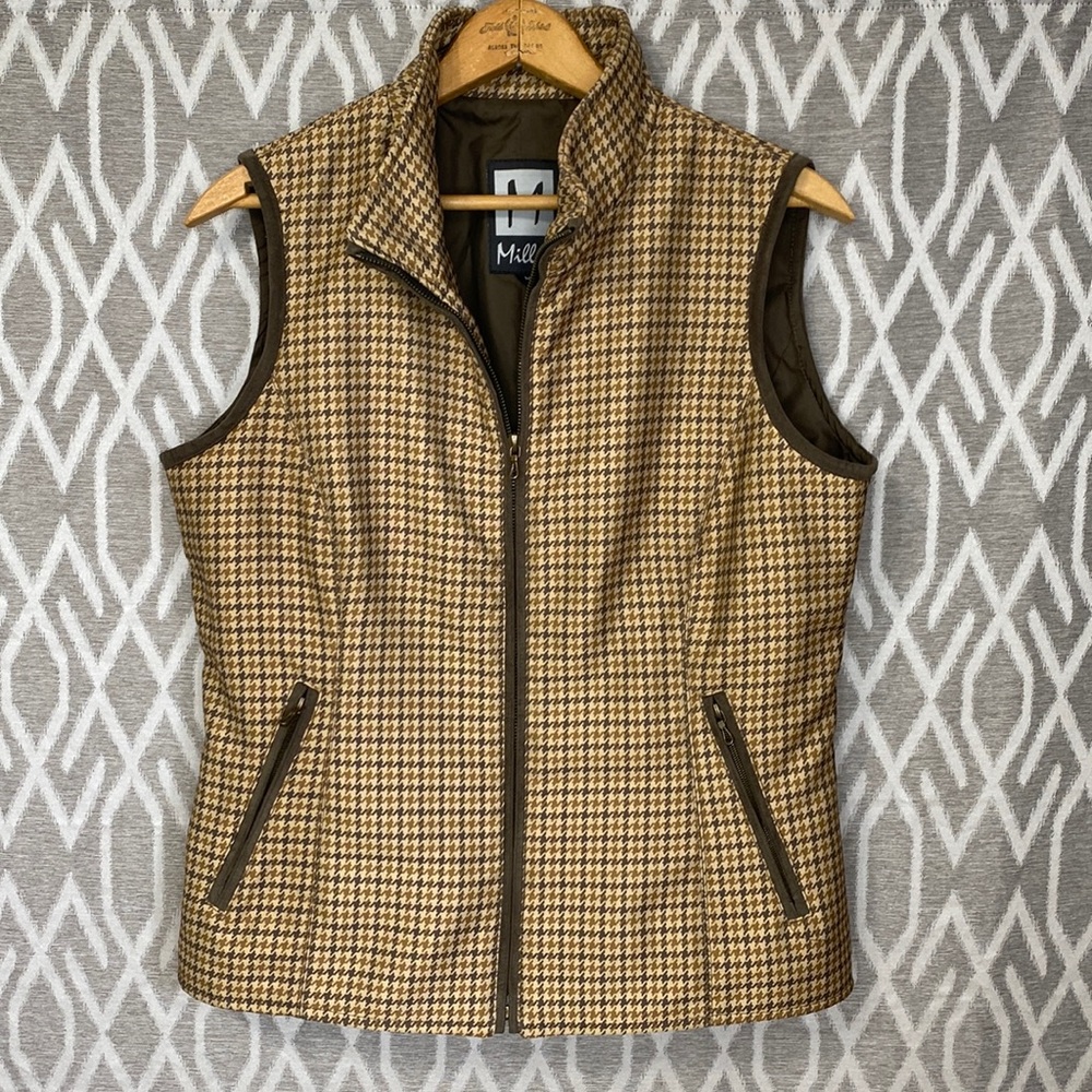Vintage Miller Vest Brown & Tan Houndstooth Print Skiwear Insulated Vest Medium